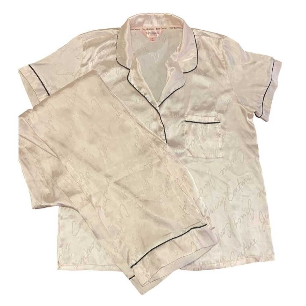 Juicy Couture M Satin Lightweight Casual Pajama Set Pink Logo Print‎